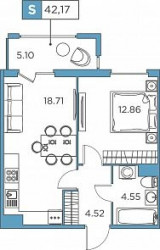 Двухкомнатная квартира (Евро) 42.17 м²