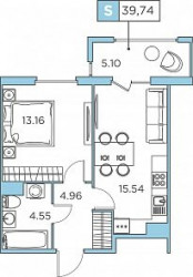 Двухкомнатная квартира (Евро) 39.74 м²