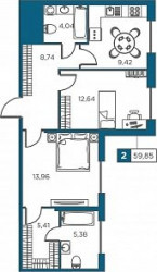 Двухкомнатная квартира 59.85 м²