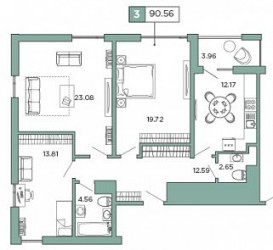 Трёхкомнатная квартира 90.56 м²