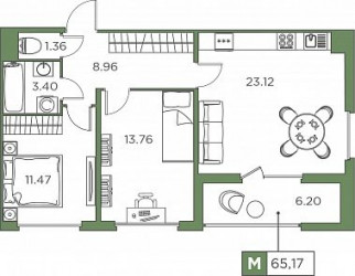 Трёхкомнатная квартира (Евро) 65.17 м²
