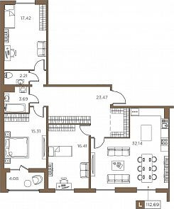 Четырёхкомнатная квартира (Евро) 112.69 м²